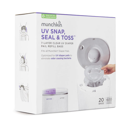 600 20 Pack Munchkin UV Snap, Seal & Toss Diaper Pail Refill Bags, Holds up to Newborn Diapers