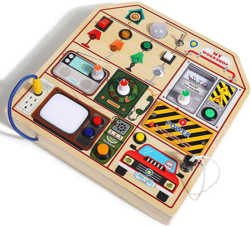 JAUNTY Montessori Wooden Busy Board - Toddler Sensory Toys with LED Light Switches, Travel Toys for Ages 1-3