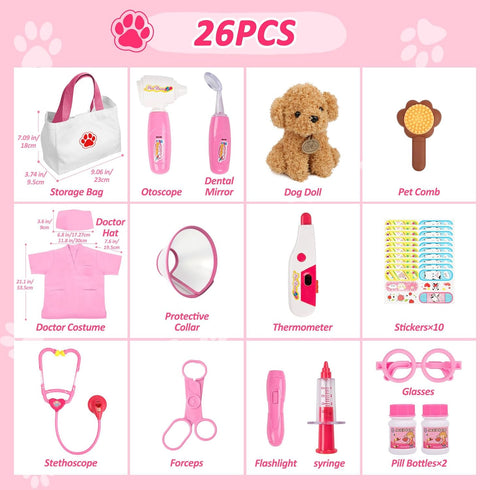 3 4 5 6, 26 Playset Liberry Doctor Kit for Toddlers Age Pcs Kids Doctor with Dog Toy, Stethoscope and Dress Up Costume