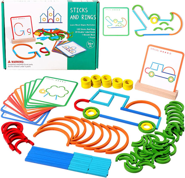 Construction Sticks & Rings Shape Puzzle, Wooden Pattern Blocks STEM Toy for Boys Girls Toddlers