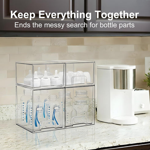 Countertop, 4 Pack Baby Bottle Storage Organizer: Clear Stackable Storage Drawers, Acrylic Bottles Station Organizer