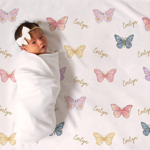 Stork Wares Rainbow Butterfly Personalized Baby Girl Swaddle Blanket