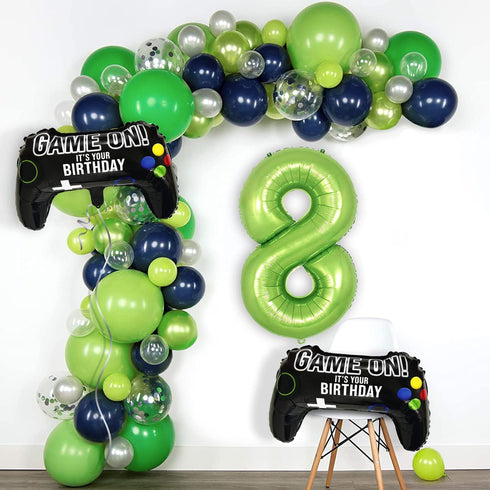 Video Game Party Balloons for Boys 8th Birthday Decorations - 2 Packs Game Controller Mylar Balloons with Green Number 8
