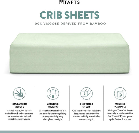 TAFTS 100% Viscose Bamboo Fitted Crib Sheets, Girls, Boys & Unisex, 8 Inch Deep Pocket, Standard Crib
