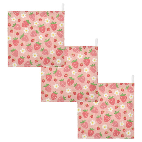 Moudou 3 Pack, 12 12 Inch Strawberry Baby Muslin Washcloths Absorbent Soft Cotton Baby Bath Face Towels Burp Cloths