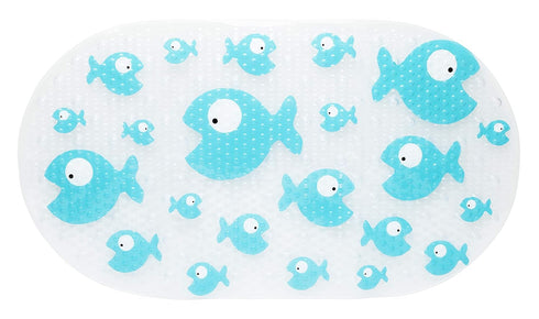 Large Non-Slip Baby Bath Mat, Strong Suction Cups, Baby Bath Tub Time Essentials, Blue Fish Design