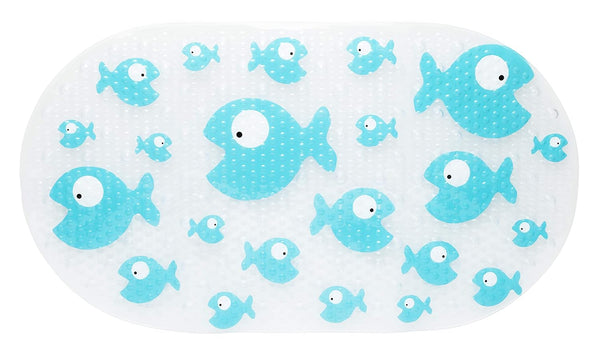 Large Non-Slip Baby Bath Mat, Strong Suction Cups, Baby Bath Tub Time Essentials, Blue Fish Design