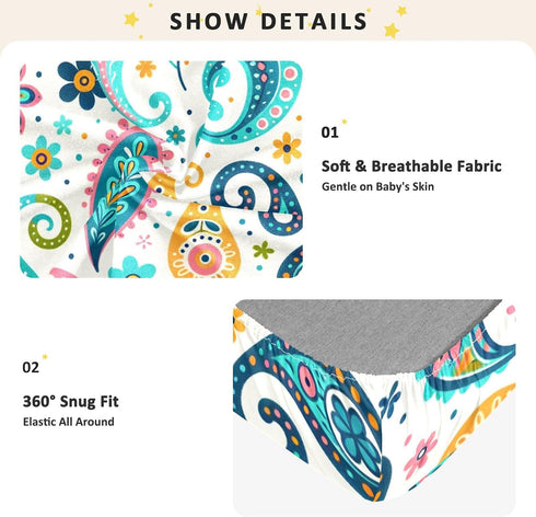 CZXW 52" 28" Cute Paisley and Flowers Crib Sheets Fitted x Natural Cotton Soft & Breathable for Baby Crib Mattress