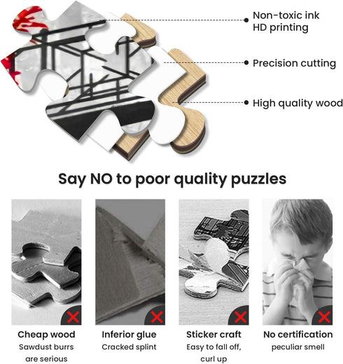 najiaxiaowu Adult Classic Jigsaw Puzzle, 1000 Pieces Wooden DIY Black and White Bridge & Red Tree Home Decor, 75x50cm