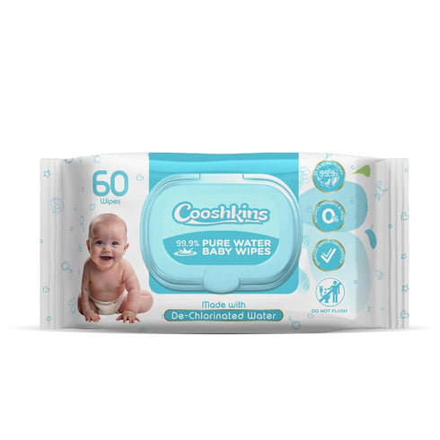 COOSHKINS De-Chlorinated Pure Water Baby Wipes | Soft & Thick 60 Count (Pack