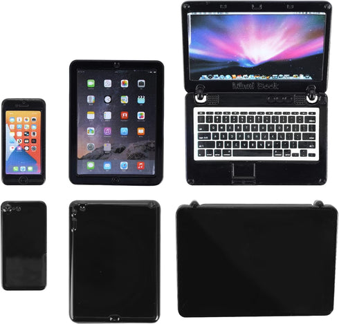 3Pcs Miniature Dollhouse Décor, 1:12 Metal Simulation Laptop, Tablet, Smart Phone Accessories (Black 3Pcs)