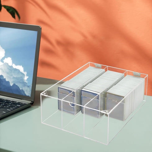 Bigfety Acrylic Card Deck Storage Box - 3 Compartment Clear Visible Trading Card Holder for Sport Cards