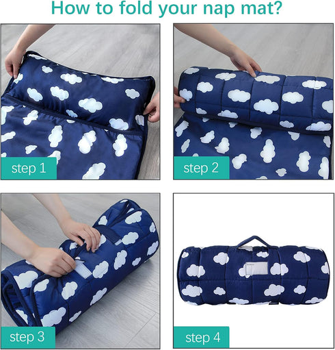 Nap Mat with Pillow and Fleece Blanket for Regalo My Cot, Soft Kids Sleeping Mats for Preschool Daycare, Navy
