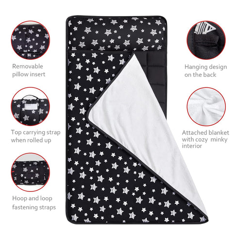 Toddler Sleeping Bag Nap Mat Black with Removable Pillow, Lightweight, Soft for Kids Preschool Travel
