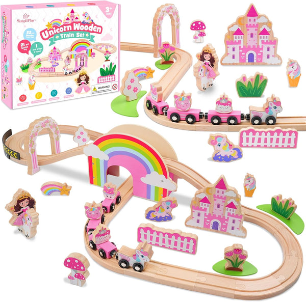 SIMPLIPLAY Wooden Train Set - 43PCS Unicorn Magnetic Toy Train Sets with