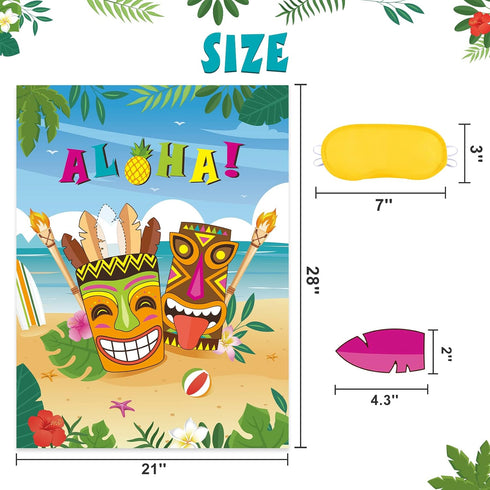 WERNNSAI Pin The Feather on The Tiki Party Game, Hawaiian Luau Supplies for Kids with Aloha Poster