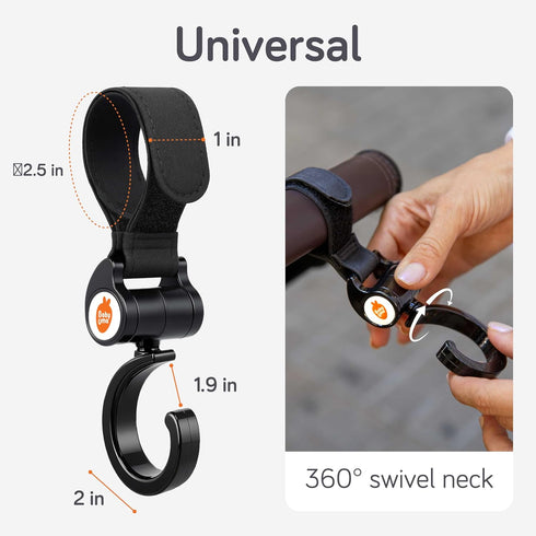 (2 Pack) 360-Swivel 11 lb Baby Uma Stroller Hooks - Open Stroller Hook with Neck & Extra Strong Strap, Easy On 'n Off