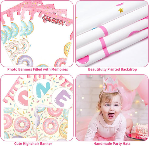 SNLN 1st Sweet One Birthday Party Decorations, First Birthday Decorations for Girl, Balloon Box Photo Banner Donut Foil