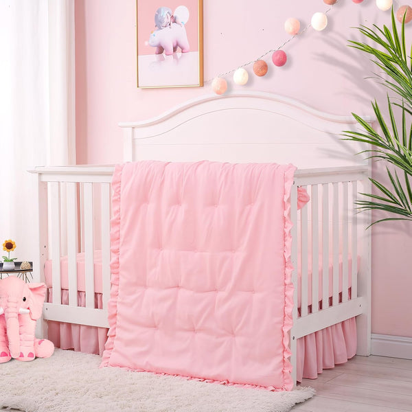 Cloele 3 Pieces Crib Bedding Set for Girls- Solid Ruffle Quilted Includes