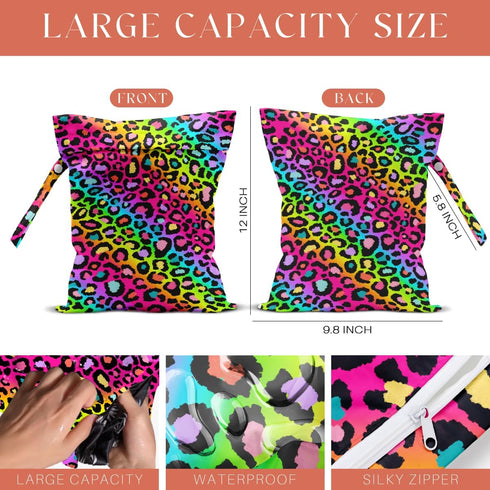 VBCVBGFH 4 Pack Colorful Rainbow Neon Leopard Wet Bag Waterproof Washable Reusable Wet Dry Bag for Swimsuit Clothes