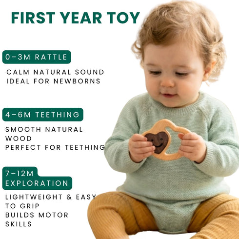 0-3 3-6 6-12 Wooden Baby Rattle & Teething Ring Heart | Natural Montessori Teething Toy Babies Months | Non-Toxic