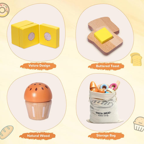 Inslat Playset Set 3+ Wooden Bakery Food Toys, Kids Pretend Play Food Baking Kitchen Accessories with Storage Bag