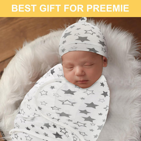Chuarry 3 Pack Set Preemie Swaddle Blanket with Hat Preemie Hats Baby Receiving Blanket Swaddle Wrap for Newborn