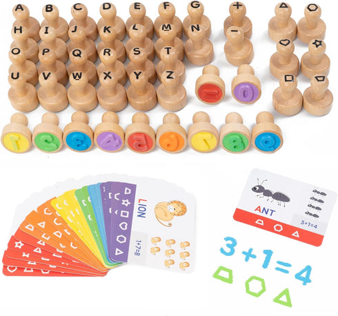 3 4 5 Busy edition Alphabet Number Stamps for Kids, Wooden Letter Stamps with Flashcard Math Learning Number Stampers