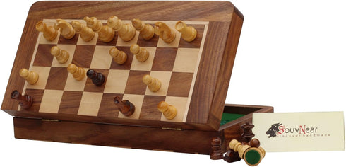Classic Wood Magnetic Travel Chess Board Set - 7 X 7 Inch Folding Game Board Handmade in Fine Rosewood