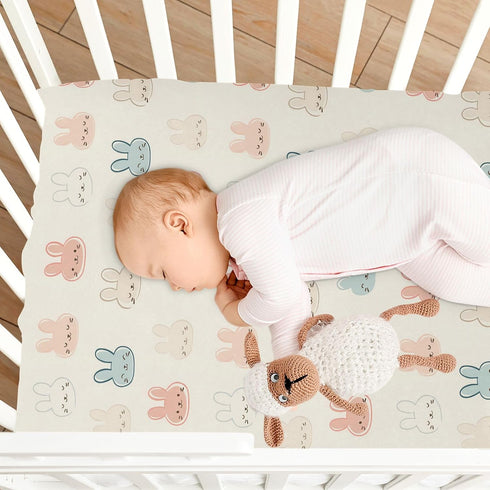 SUABO Rabbit Face Pattern Crib Sheets Stretchy Portable Sheets for Baby Toddler Breathable Soft Crib Mattress Sheet