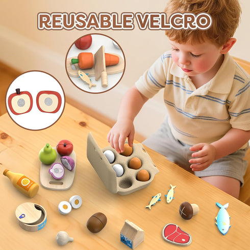 Set 3 Wooden Play Food Toys for Kids - Pretend Play Kitchen Accessories Toy for Toddlers, Cutting Fruits Vegetables