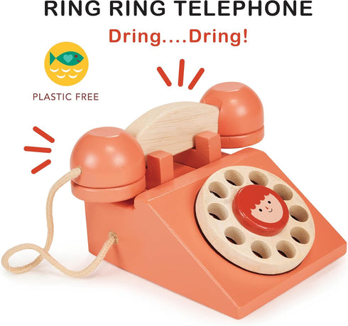 Communication 2+ Mentari Toys - Ring Ring Telephone - Solid Wood Retro Chorded Dial Phone for Toddlers - Pretend Play