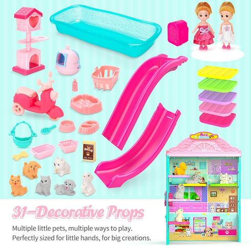 randhar Set, 31PCS 2Dolls, 6Little 3+ Dollhouse of Pets Toy Play Foldable Pets Doll House with Includes Motor, Pool