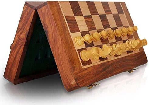 Wooden Magnetic Chess Board Set, 7" Folding Game for Adults & Kids, Portable Travel Chess