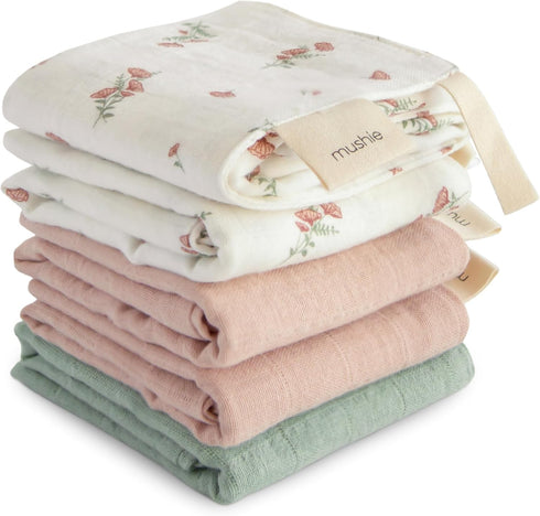 mushie Muslin Organic Cotton Washcloths 5-Pack (Pink Flowers Combo) | Soft Wipes