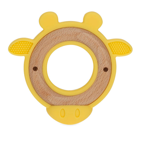 Nuby Natural Wood Teether, Soft Silicone Giraffe Yellow, Minimalist Design, Easy to Clean