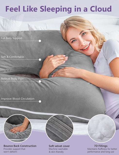 Meiz U Shaped Pregnancy Pillow with Removable Velvet Cover (Gray)