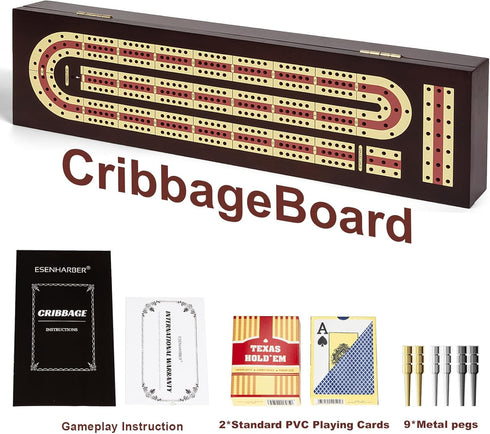 Set, 2 3 ESENHARBER Cribbage Board Game Premium Wooden Board with Magnetic Lock and Metal Pegs, Playing Cards