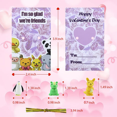 36 Pack Valentines Cards for Kids Classroom - Valentine's Greeting Cards with Cartoon Animal Erasers