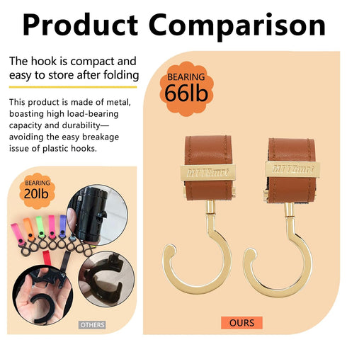 MTTBmrt 2 Pack Clip|360 66lb Stroller Hooks,Strong Synthetic Leather Hook-and-Loop Fastener&High-Quality Metal
