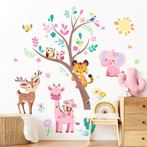 Supzone Jungle Animals Tree Wall Decals Pink Elephant Giraffe Wall Stickers for Kids Girls Bedroom Living Room Baby