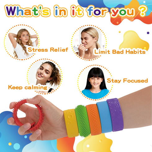 CEMECER 6 Pack Sensory Fidget Toys for Kids, Textured Silicone Slap Bracelets, Stress Relief Fidgets Toy for Anxiety