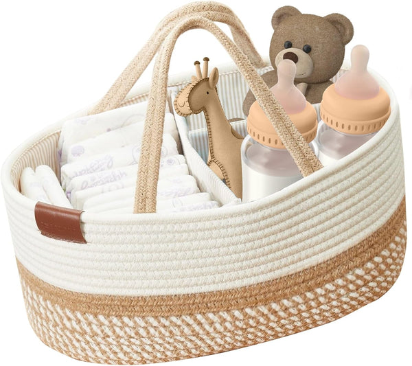 DECOMOMO Diaper Caddy - Baby Diaper Basket Organizer for Changing Table, Girl Boy Gift (Spiral Beige & White)