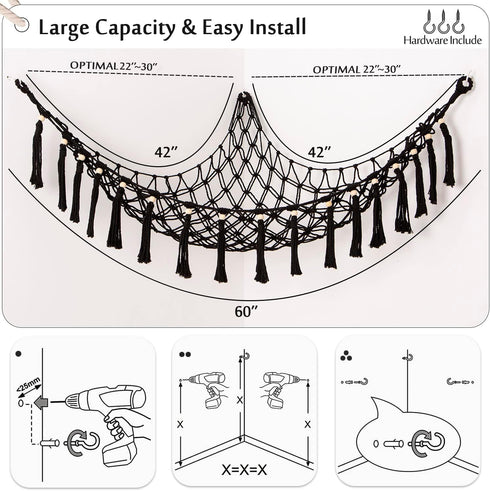 Stuffed Animal Toy Hammock Hanging, Macrame Organizer Storage for Plush Toys, Large Corner Net Holder (Black)