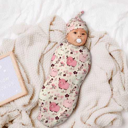 zhedongsj Highland Cow Baby Stuff Swaddle Blanket with Hat, Soft Western Floral Farmhouse Highland Cow Newborn