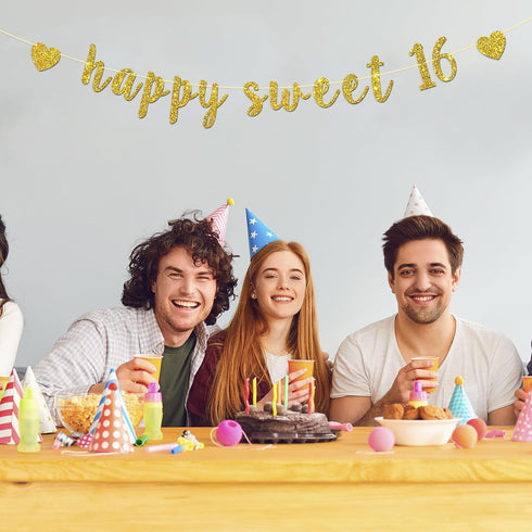 Happy Sweet 16 Banner - Gold Glitter Happy 16th Birthday Party Decorations, Cheer to 16 Years