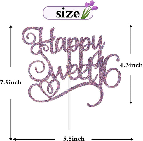 Happy Sweet 16 Cake Topper - Sweet 16 Birthday Decorations for Girls/Boys in Purple Glitter