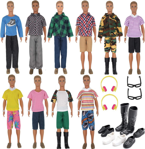 32Pcs Doll Clothes and Accessories - 12 Inch Boy Dolls, 20 Different Wear Clothes, 4 Pairs of Shoes, Glasses, Earphones
