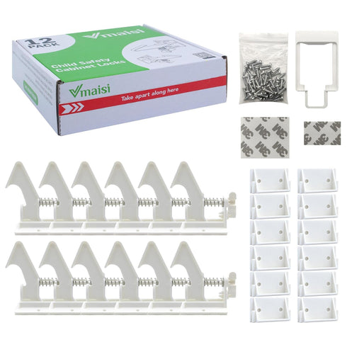 12 Pack Child Safety Cabinet Locks - Vmaisi Baby Proofing Drawer Lock with Adhesive, Easy Installation (White)