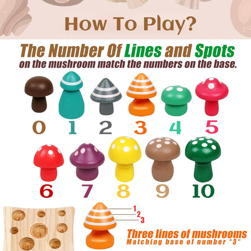 Wooden Toys Mushroom Toy, Harvest Game Montessori Educational Learning Shape Sorting & Number Matching for Ages 3+